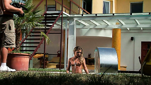 Ardent blond hottie gets her hootchie nailed hard in missionary style by the pool