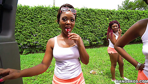Ebony whore Yara Skye and her GF fucked in 3some in dude's car