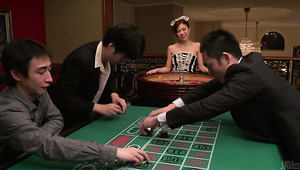 Asian maid Maki Horiguchi sucks three hard dicks with passion