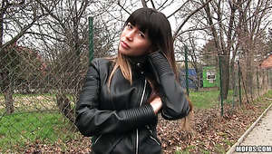 Sexy Mona Kim fucks doggystyle outdoor in a park