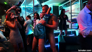 Slutty ebony chick in the club sucks white dick for facial cumshot