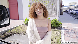 Curly haired ginger girl picked up and fed with dick in the bang bus