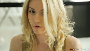 Fine lean blonde young babe undresses and plays with her pink pussy