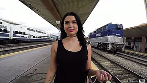 Fabulous and cute brunette with fat ass undressed and boned in the train