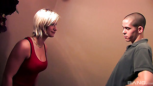 Bosomy Canadian blondie Sarah Wild gets fucked from behind on the stairs
