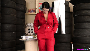Incredibly hot busty mechanic girl Kylie K plays with her bald pussy