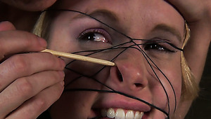 Svelte blond doxy gets her unused pinkish cunt pinned with spiked metal roll