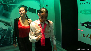Lewd fully clothed bitch Nathaly Cherie dance under the water jet to look hot