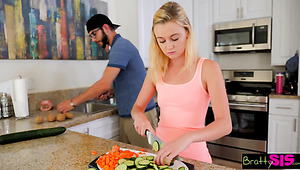Young blonde stepsister skips breakfast and enjoys riding strong cock