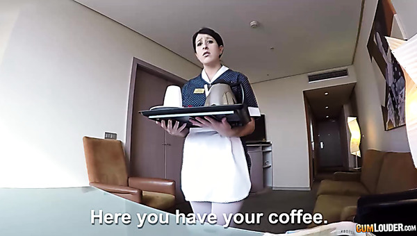 After sucking fat cock horny maid gives hotel guest a good ride on top
