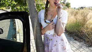 Pig-tailed slut picked up on the road for a blowjob and doggy fuck