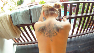 Skanky tattooed Russian whore gets banged hard in doggy style