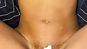 Ebony with an unshaven pussy gets a creampie
