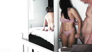 Stepsister watches her twin fuck with a guy and jerks off to her stepfather