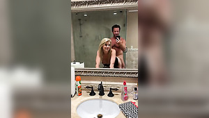 Restroom sex with hottest blonde MILF filmed in vertical POV