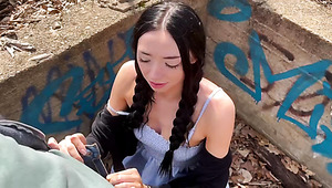 Slim Brunette Girl With Braids Bends Over Backwards To Suck Off Cum From a Thick Dick On Her Tongue