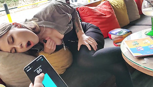 Playing with vibrator in my step-sis's pussy in public Cafe