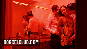 Stunning Sexy Brunette Has Fun With Two Horny Guys In the Club Restroom