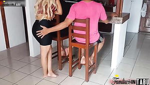 Horny Stepmom got sneaky fucked by her step son from behind while she was cuddling her husband