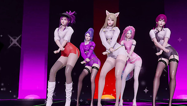 Hot 3D K/DA Beauties Dance Strip Tease Vigorously Shaking Their Huge Bobs And Hips
