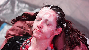 Cute lady really liked getting a lot of fake cumshot on her face.