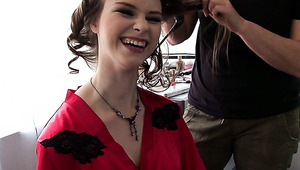 Sexy brunette girlie Beata Undine gives solid blowjob to her man in front camera