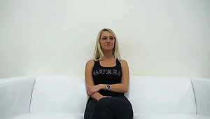 Skanky well stacked blondie gives blowjob to stiff long dick in pov