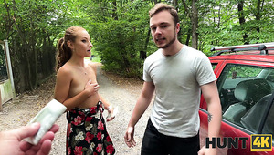 Skinny girl agreed to fuck for cash in front of her partner, outdoors POV