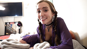 Sexy twin tailed young slut woships my cock with her mouth, then starts riding it in cowgirl position