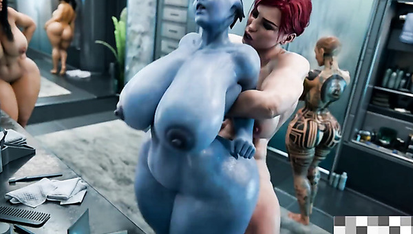 In the Normandy bathroom, Futa Shepard is ready to fuck all of those girls